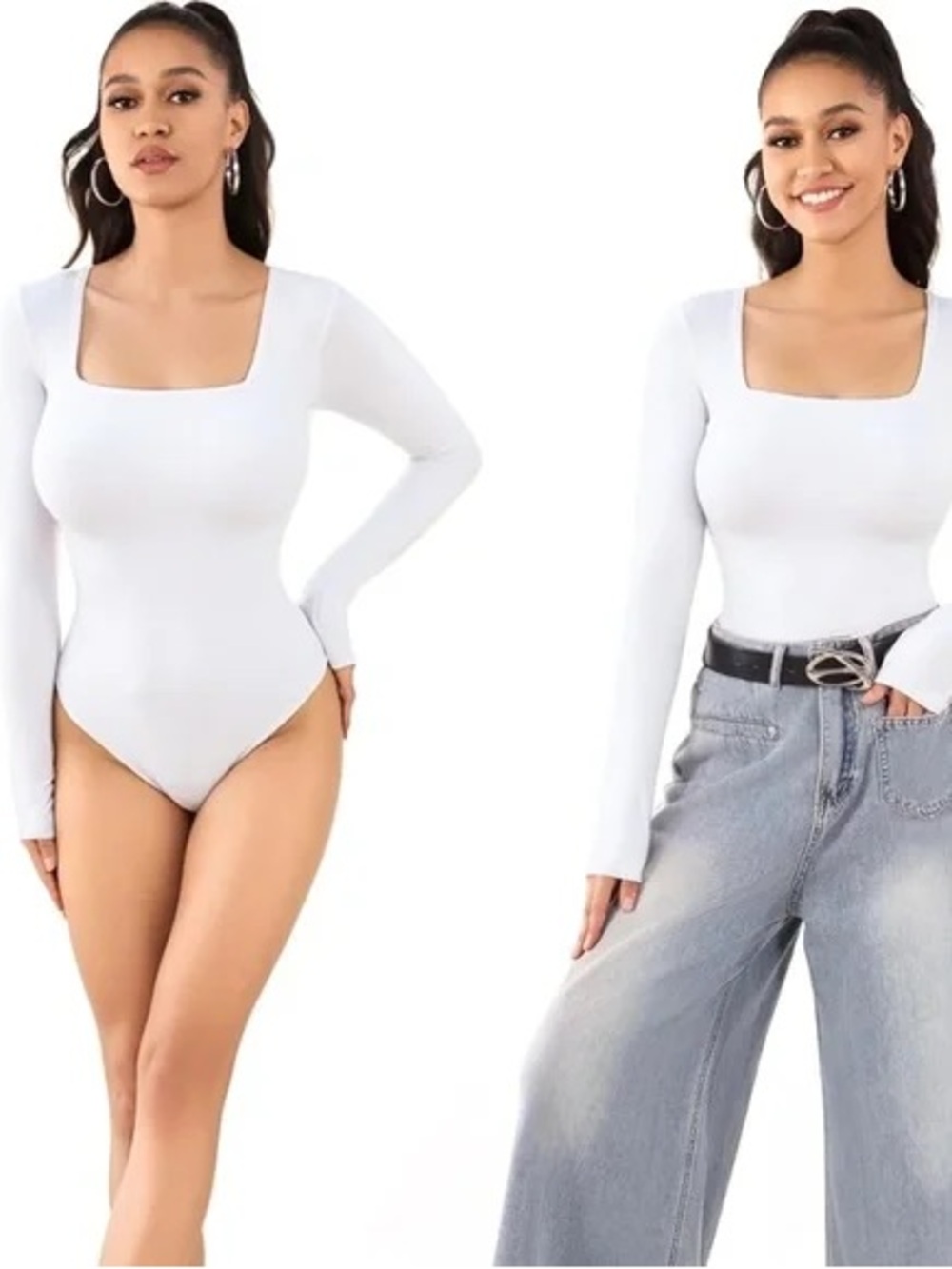 Square-Neck Long Sleeve White Bodysuit by Mangopop